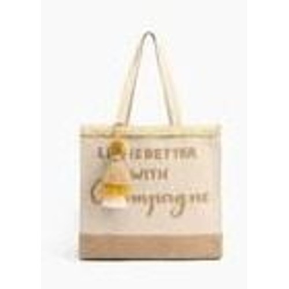 America & Beyond Life Is Better With Champagne Beaded Jute Canvas Tote Bag Gold